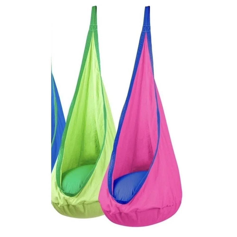 Kids Pod Swing Seat Hanging Hammock Chair With Inflatable Pillow Pink Blue Trim